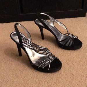 Black formal summer open toe heels with rhinestones